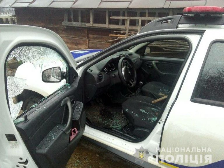 На Рожнятівщині дебошир напав на поліціянтку і побив авто правоохоронців сокирою (ФОТО)