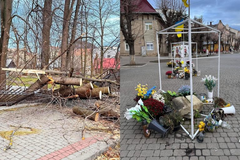 У Надвірній сильний вітер пошкодив стелу Героїв, повалив дерева та позривав покрівлі (ФОТО)