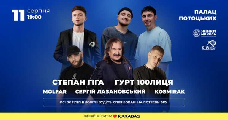У Франківську з благодійним концертом виступлять Степан Гіга, 100лиця, Molfar, Kosmirak і Лазановський