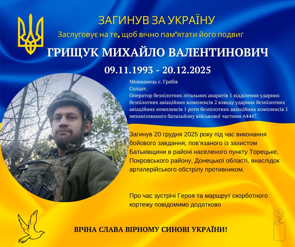 На Донеччині загинув оператор FPV-дронів Михайло Грищук з Долинської громади