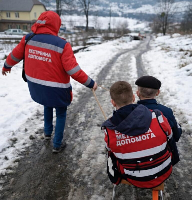 На Рахівщині медики евакуювали пацієнта на санчатах через ожеледицю (ФОТО)
