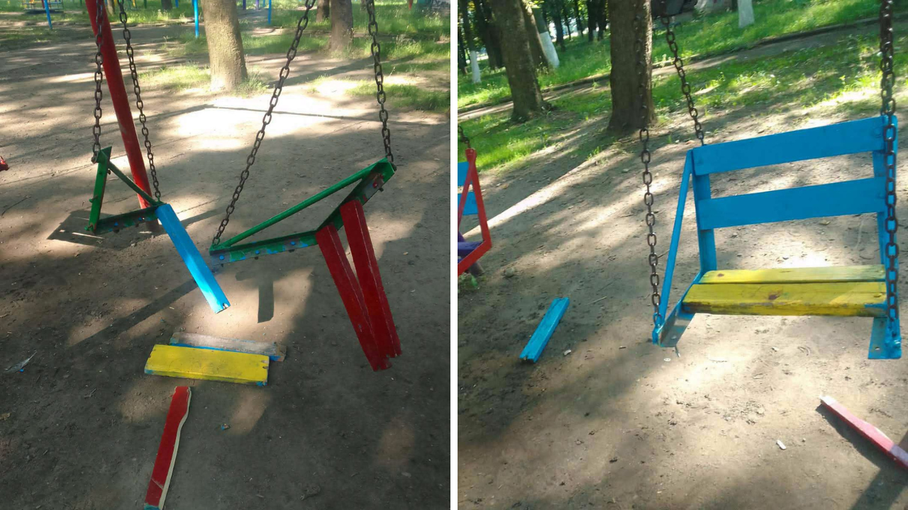 У Снятині вандали поламали гойдалки на дитячому майданчику в міському парку (ФОТО)