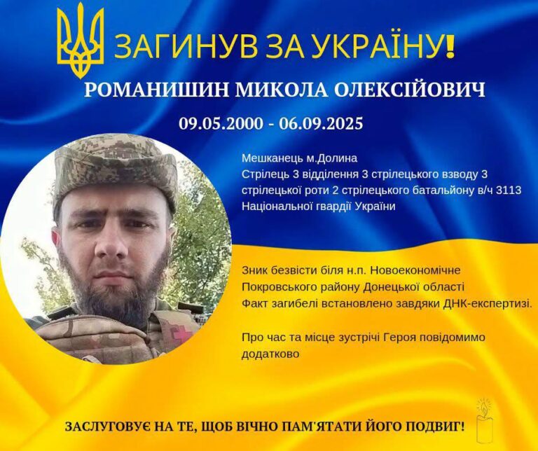ДНК-експертиза підтвердила загибель воїна Миколи Романишина з Долинської громади