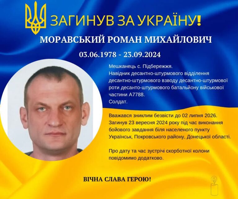 На Донеччині загинув військовий з Підбережжя Роман Моравський