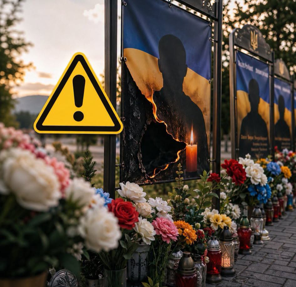 У Вигоді на Алеї Героїв загорівся банер: людей просять мінімізувати кількість штучних квітів та бути обережними зі свічками